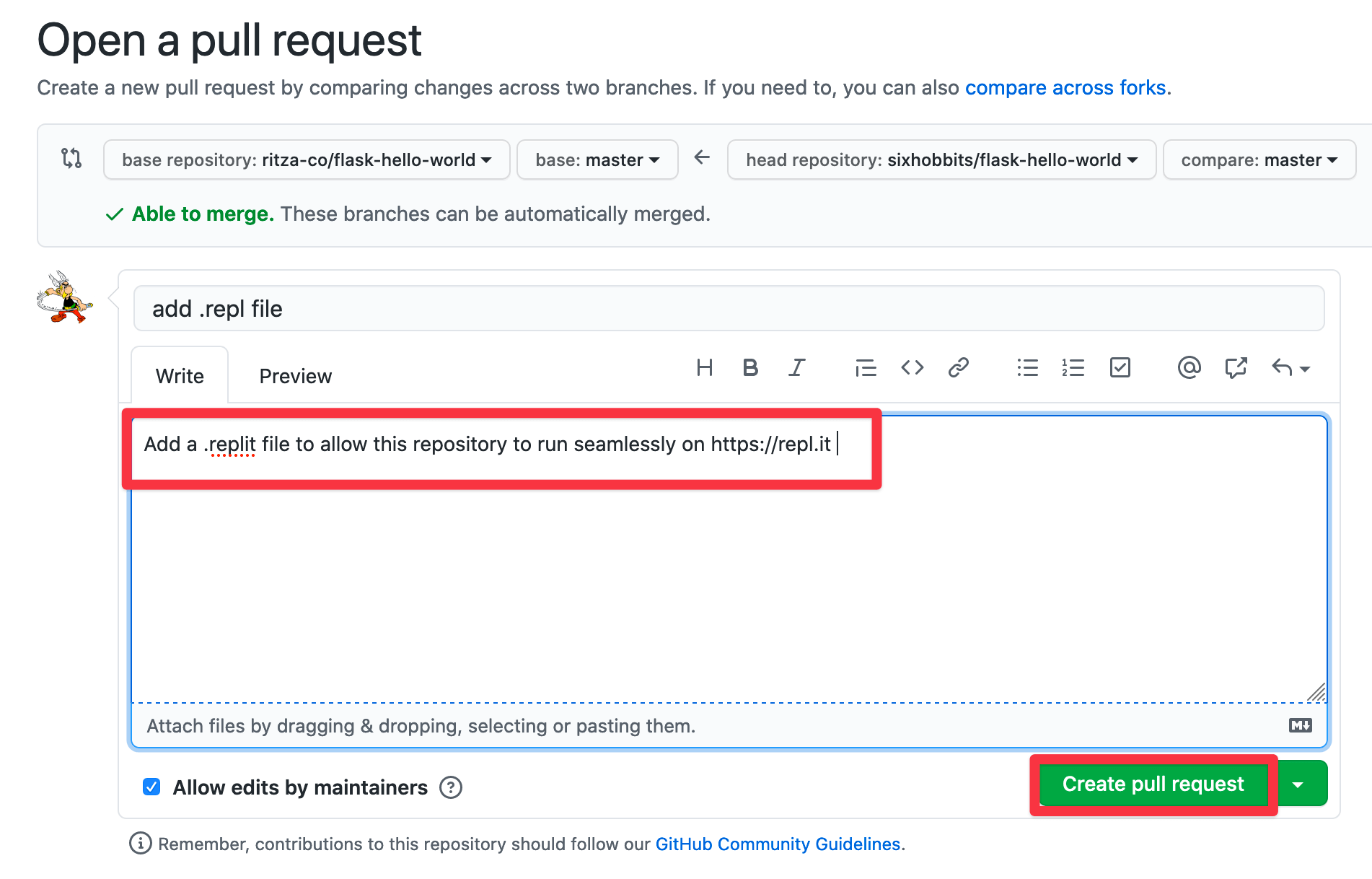 **Image 9:** *Creating a pull request from GitHub to merge our changes back into the original repository.*
